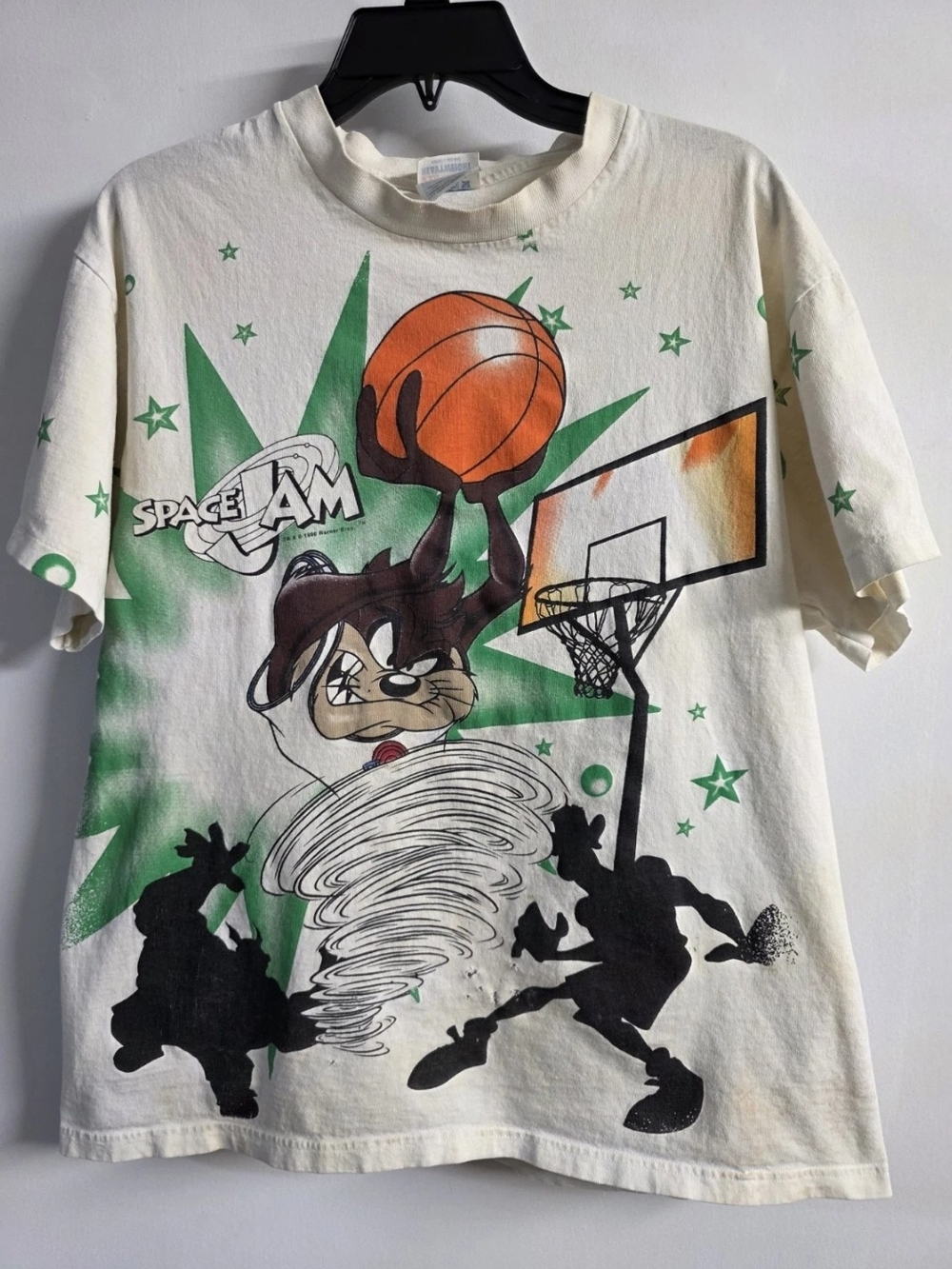 Vintage 1996 Space Jam Taz All Over Print T Shirt Hanes Heavyweight Adult L USA